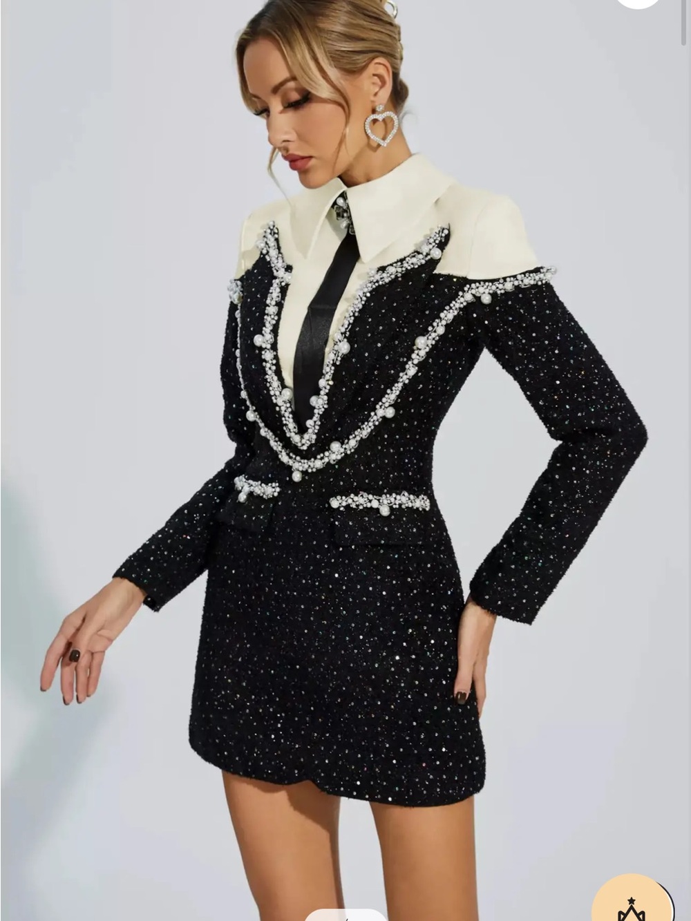 Black and Cream Pearl-Trim Tweed Dress